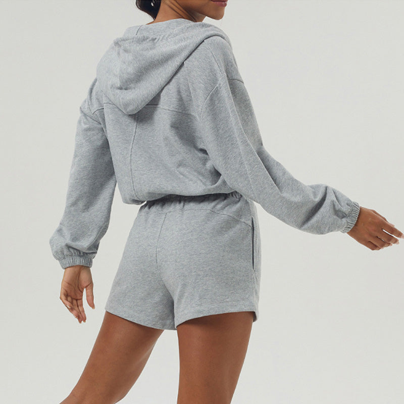 Fitness Loose Zipper Hooded Long Sleeve Sweatshirt + Shorts Set