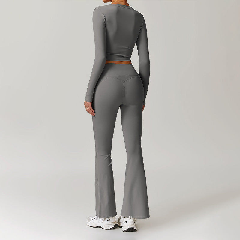 Nude Outdoor Sports Long Sleeve Top + High-Waisted Flared Leg Pants Set