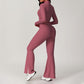 Breathable Solid Color Half Zipper Sports Long Sleeve + Flared Leg Pants 2-piece Set