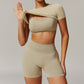 Threaded seamless short sleeve top+bra+ shorts 3 pieces set