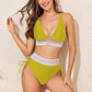 Contrast V Neck High Waist drawstring Ribbon bikini