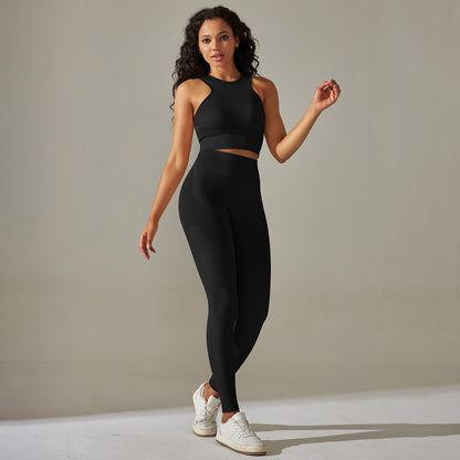 Ensemble 2 pièces haut et leggings de sport en fil sans couture de couleur unie