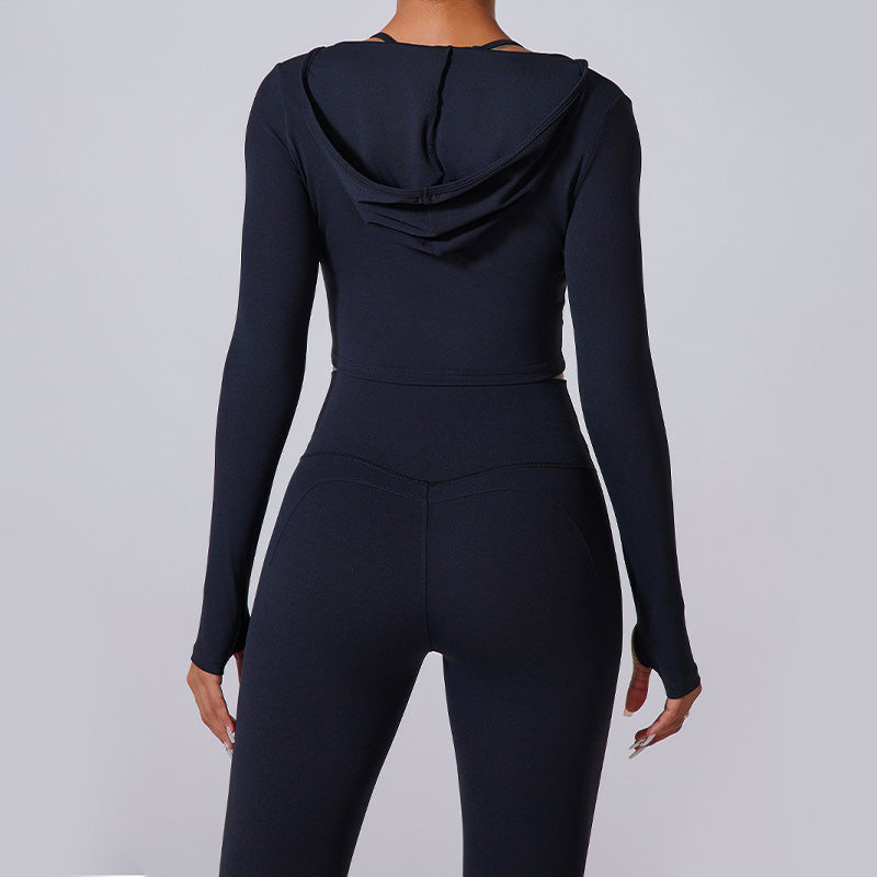 long sleeve hooded sports top + high waist leggings 2-piece set