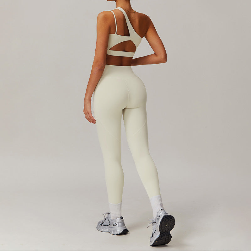 Quick-dry one shoulder sports bra + High waist leggings 2 pieces set