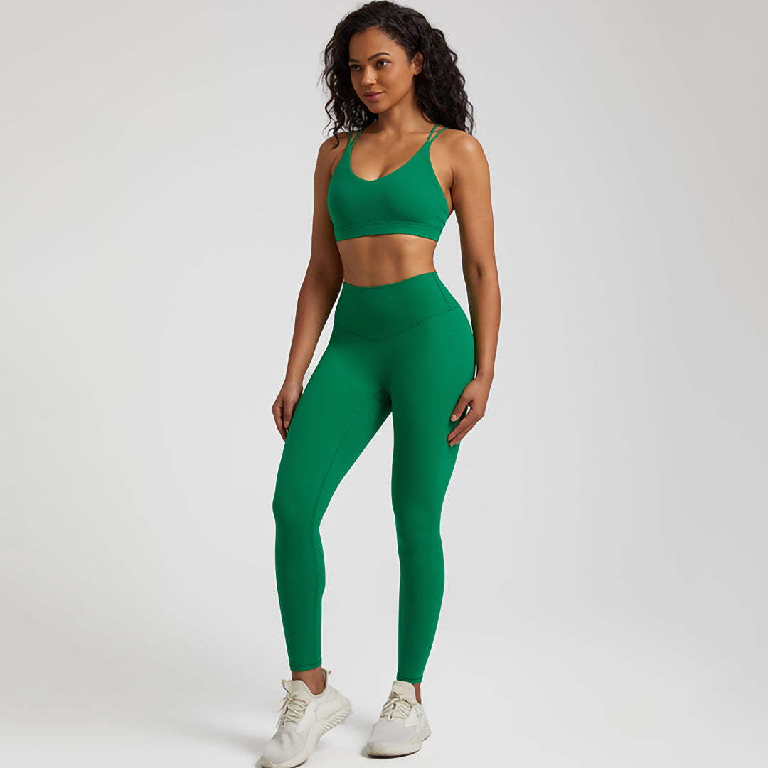 high elastic back cross over bra+sports leggings 2-piece set