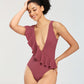 A diagonal ruffled one-piece swimsuit