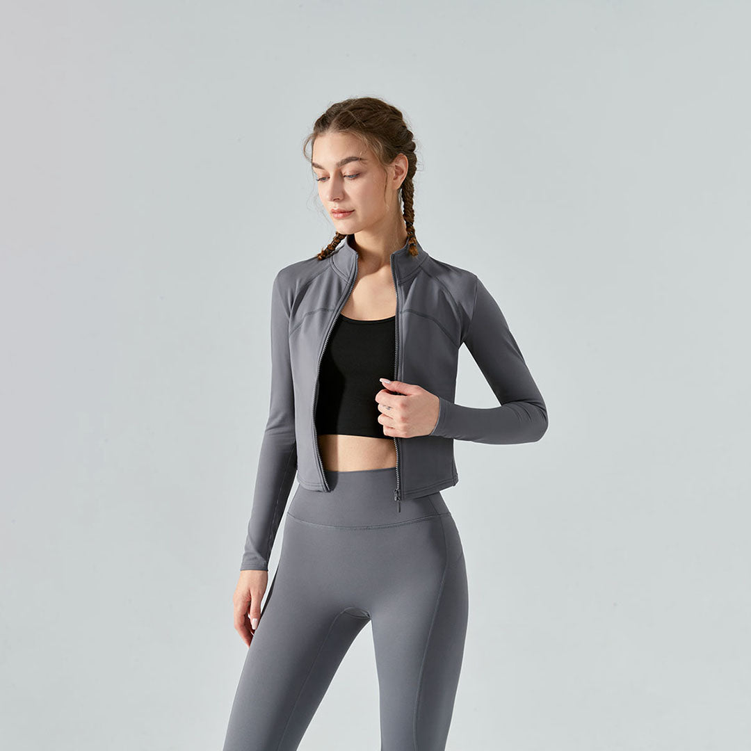 Solid zipper jacket + Legging sports 2 piece set