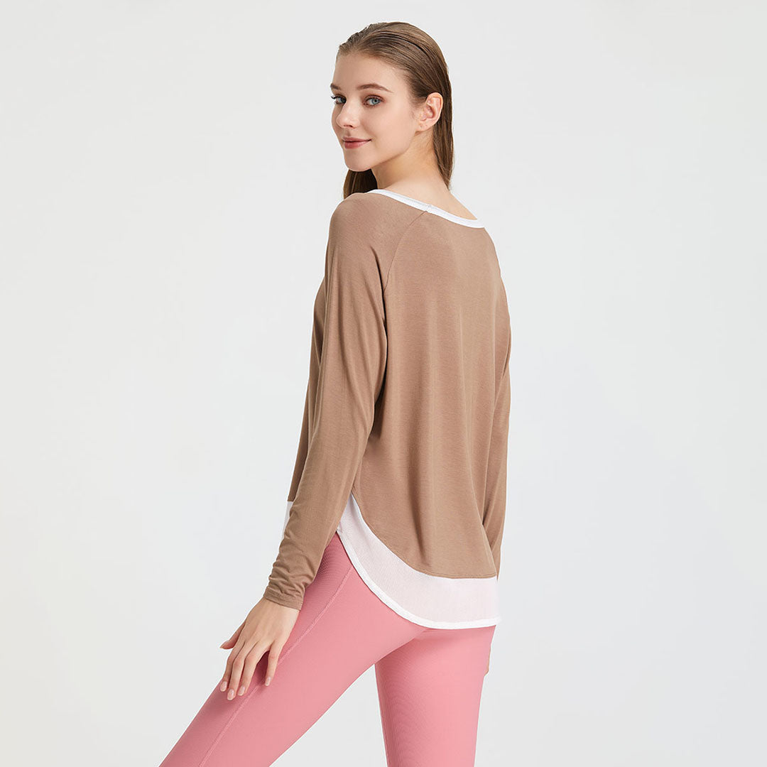 Solid loose long-sleeved paneled T-shirt