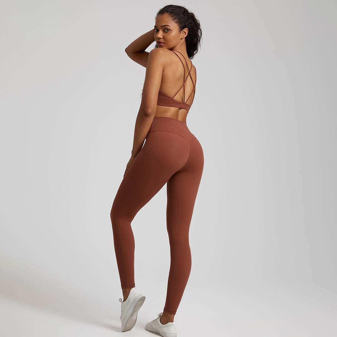 high elastic back cross over bra+sports leggings 2-piece set