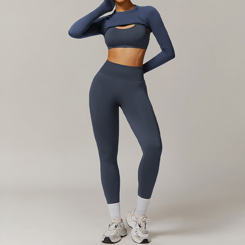 Threaded seamless long-sleeved top+bra+ leggings 3 pieces set