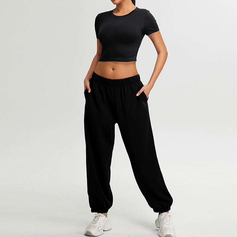 short sleeve crop top + Elastic Leg Sweatpants 2-piece Set