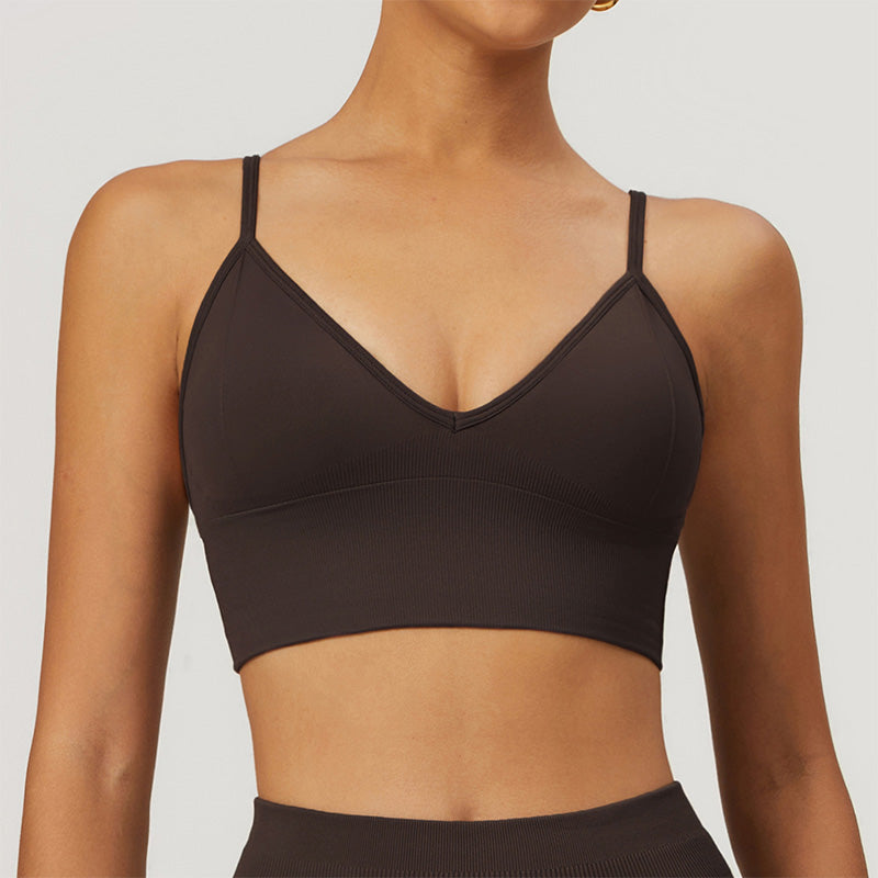 Seamless V Neck Quick-Dry Thin Straps Sports Bra