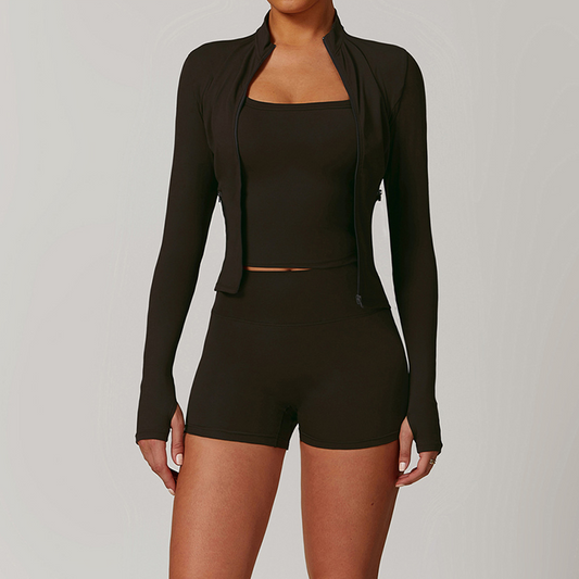 Long Sleeve Full Zipper Fitness jacket + High waist shorts 2-piece set