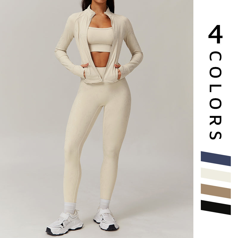 gold stamping Long Sleeve Fitness jacket + High waist leggings 2-piece set