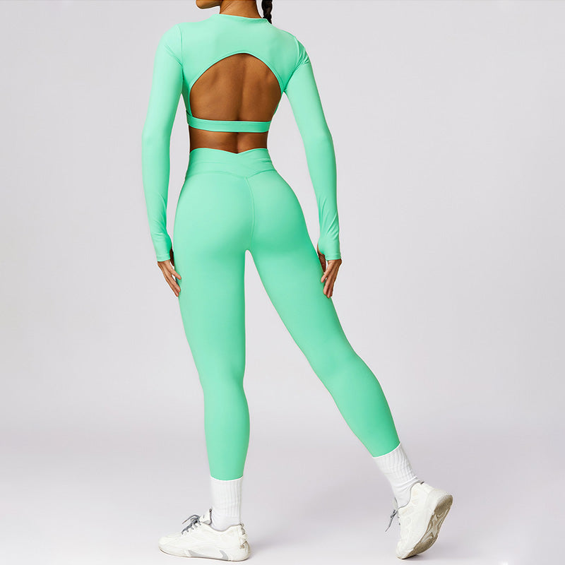 Quick-Dry long sleeve sports crop top + High waist legging 2-pieces set