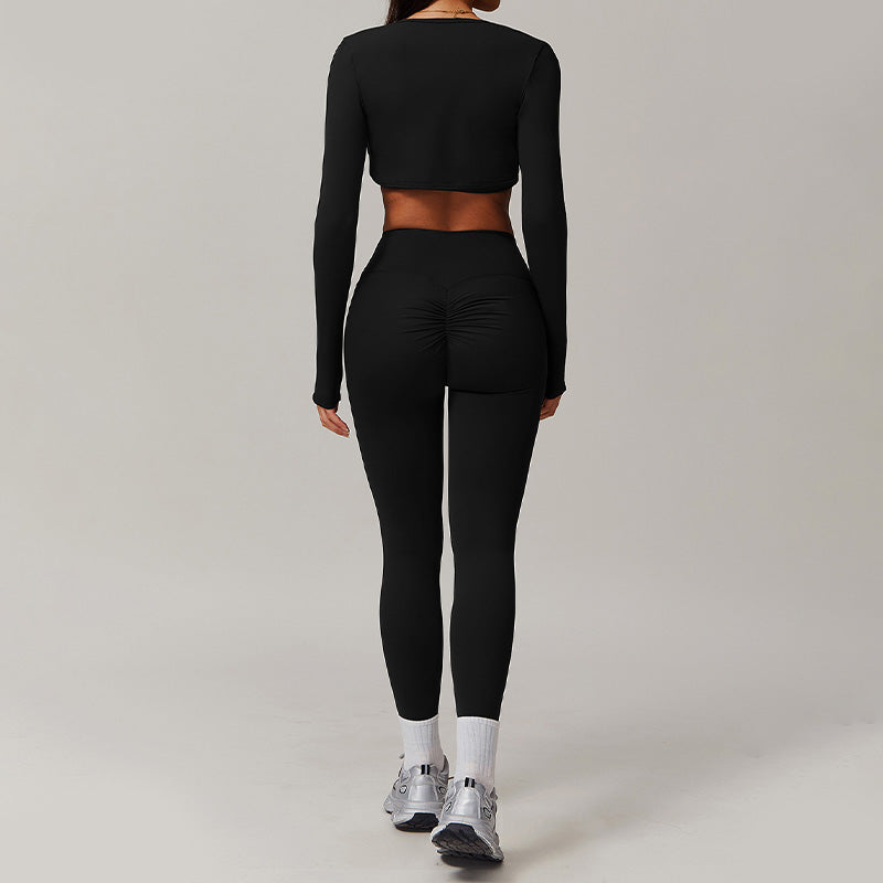 Solid elastic bra+long sleeve top+hip-lifting leggings 3 pieces set