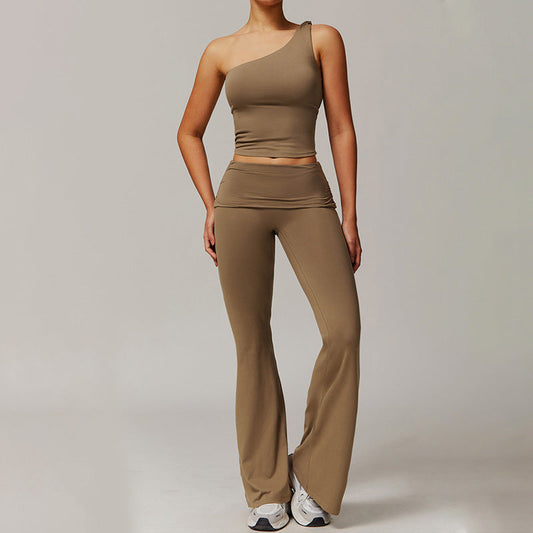 Brushed one shoulder sports top + Flared Leg pants 2-piece set