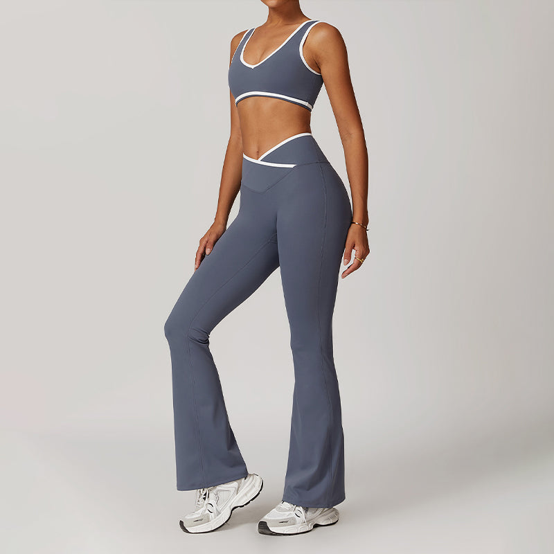 Ultra-Soft Contrasting Color Sports Bra + Cross High Waist Pants Suit