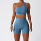 Quick-dry one shoulder sports bra + High waist shorts 2-piece set