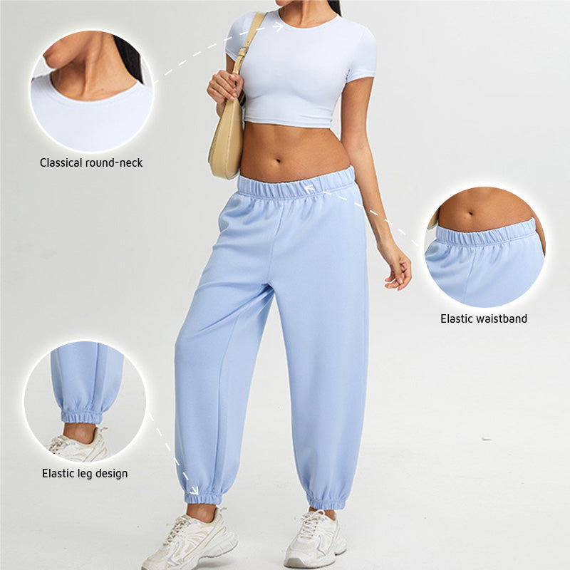 short sleeve crop top + Elastic Leg Sweatpants 2-piece Set