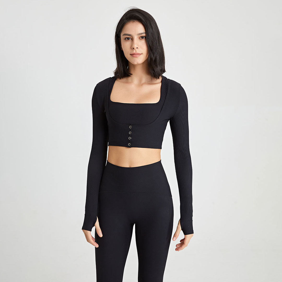 Cropped long-sleeved threaded buttoned sports top