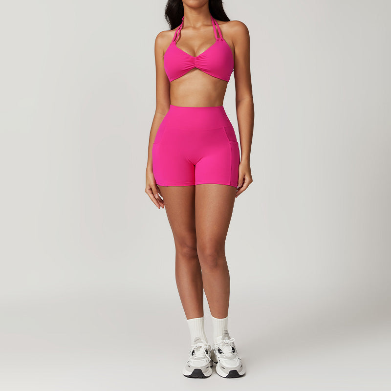 Gathered halterneck bra & yoga shorts sports sets