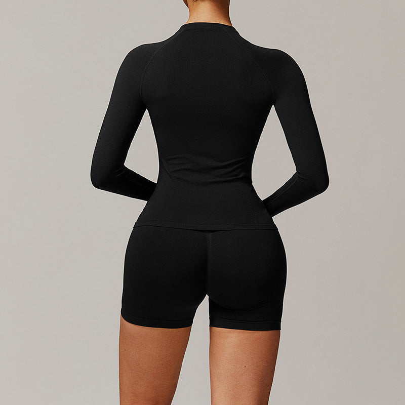 Threaded seamless long-sleeved top+ high waist shorts 2 pieces set