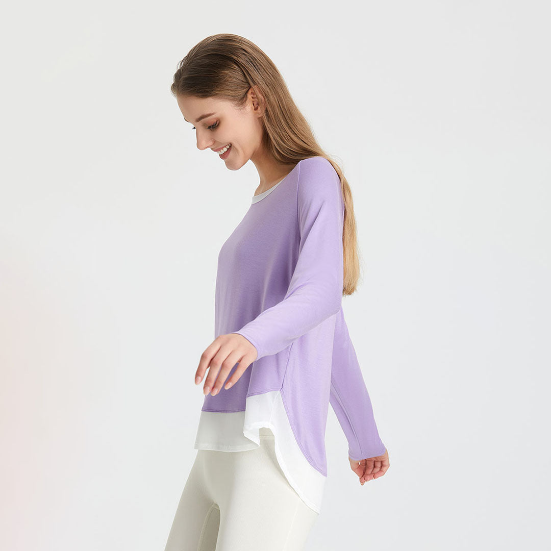 Solid loose long-sleeved paneled T-shirt