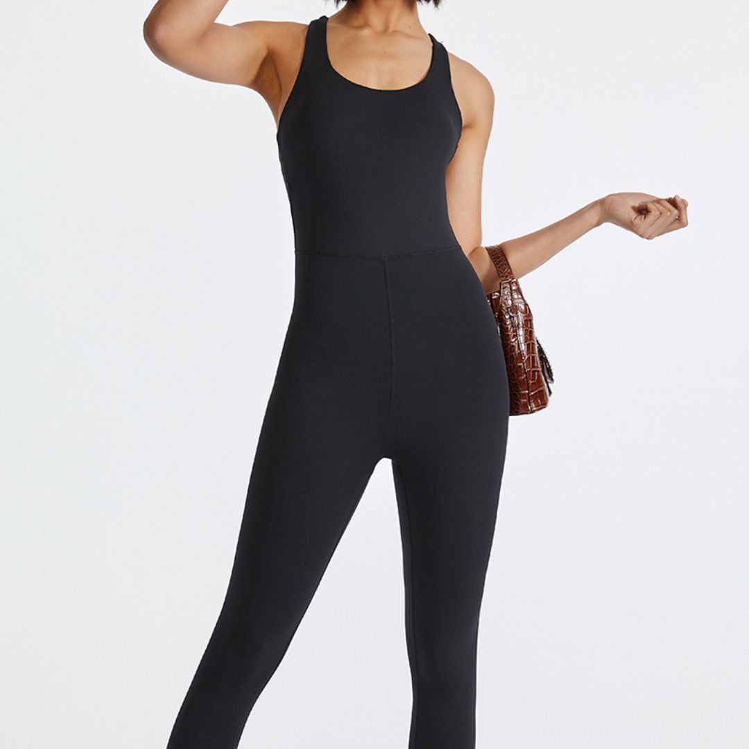 Solid color back cross jumpsuit