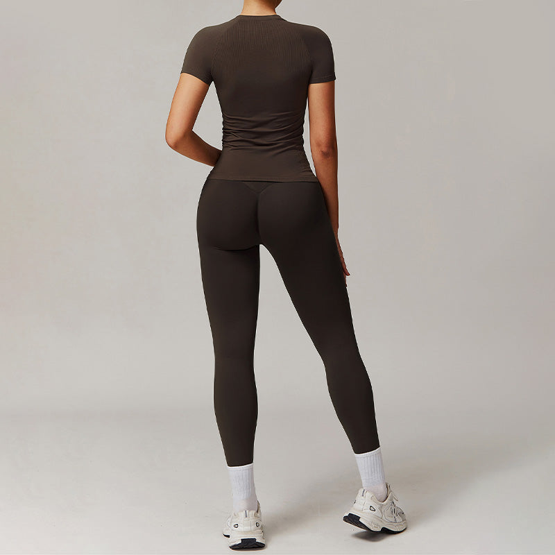 Threaded seamless short sleeve top+ tight leggings 2 pieces set