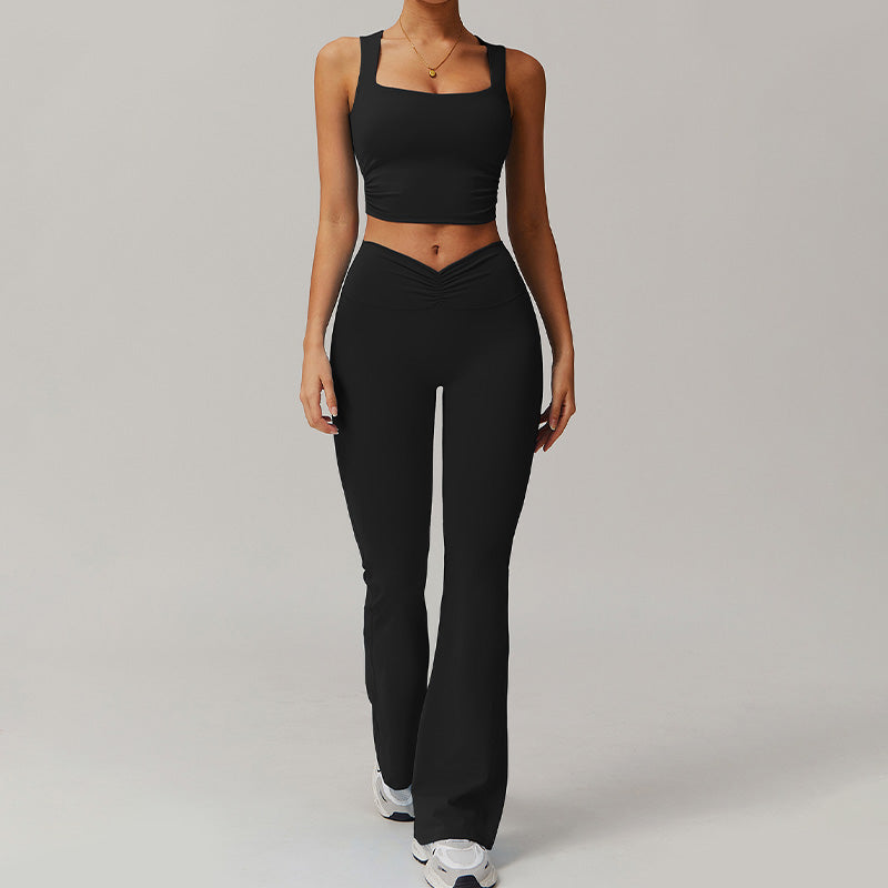 Breathable tight back tank tops+High-waisted hip-lifting bell-bottom leggings 2 pieces set