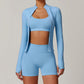 stand collar Full Zipper Fitness jacket + High waist shorts set