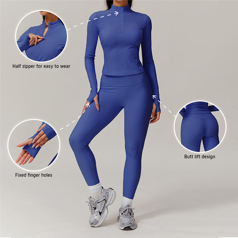 Long sleeve and half zipper top + High-waisted leggings 2-piece set