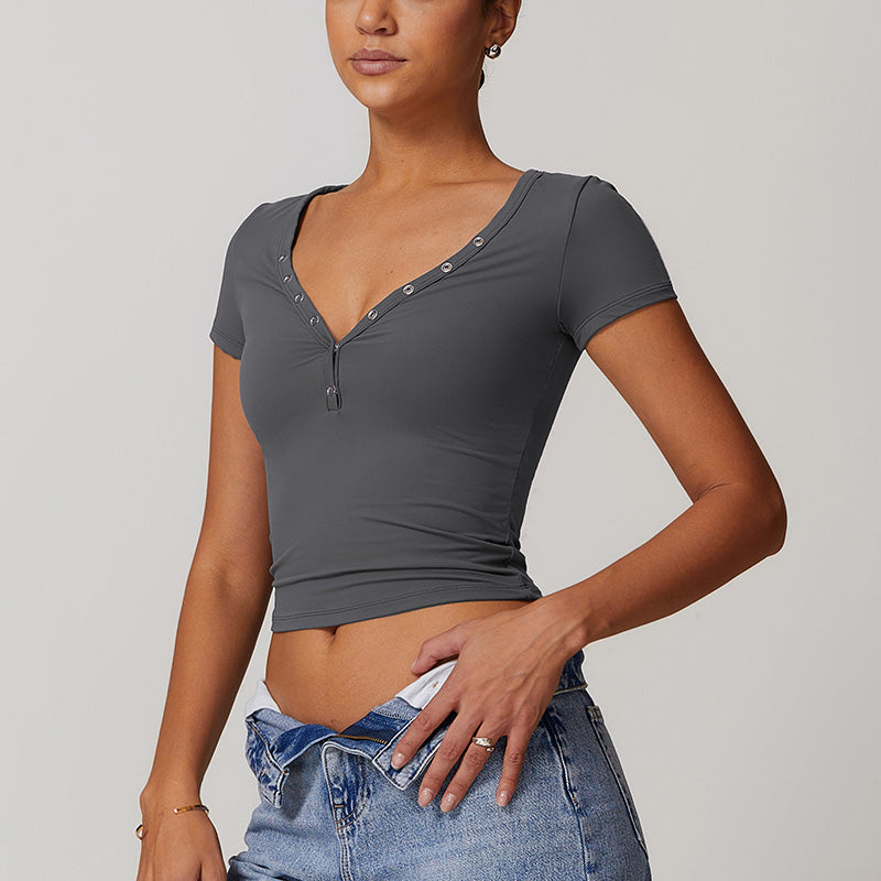 Breathable Buttons V Neck Short Sleeve Crop Top