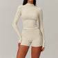 Long sleeve and stand-up collar top + High-waisted shorts 2-piece set