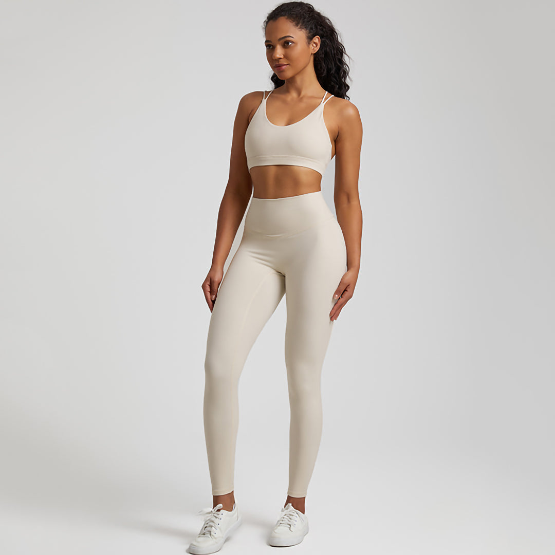 high elastic back cross over bra+sports leggings 2-piece set