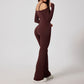 Off shoulder long sleeve flare leg pants jumpsuits