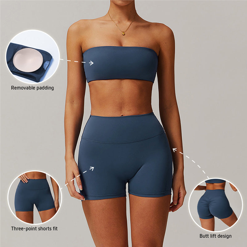 Nude tube top with sports bra+Solid High-waist shorts 2 pieces set