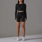 Seamless Knitting Sports Long Sleeve Top + High-Waisted Shorts Set