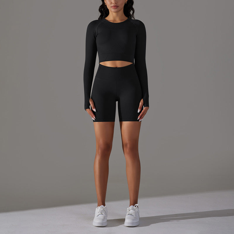 Seamless Knitting Sports Long Sleeve Top + High-Waisted Shorts Set