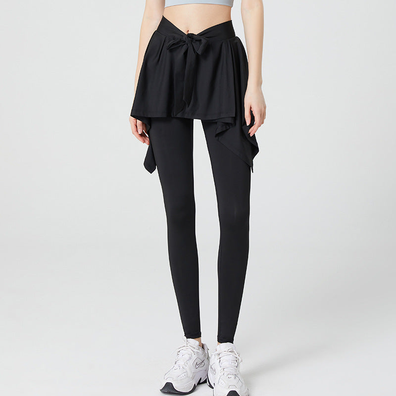 Solid high-rise strappy fake two-piece sports leggings