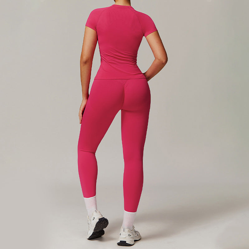 Threaded seamless short sleeve top+ tight leggings 2 pieces set