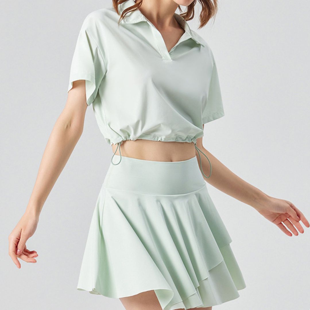 Solid color lapel sport short sleeve top & short skirt 2-piece set