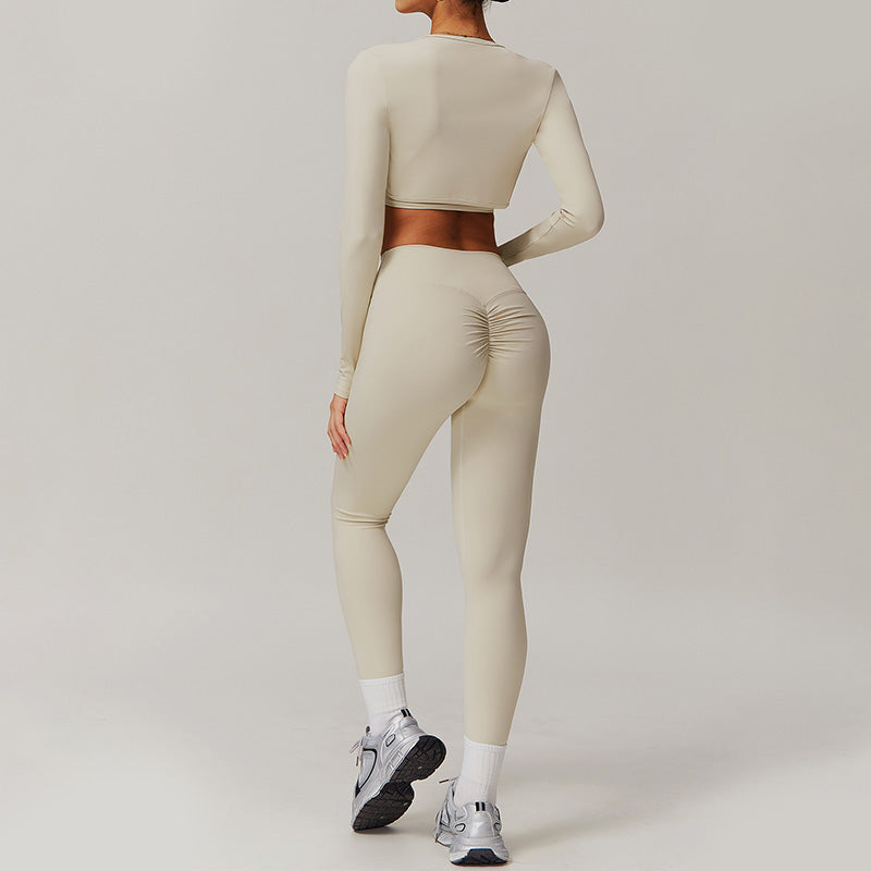 Solid elastic bra+long sleeve top+hip-lifting leggings 3 pieces set