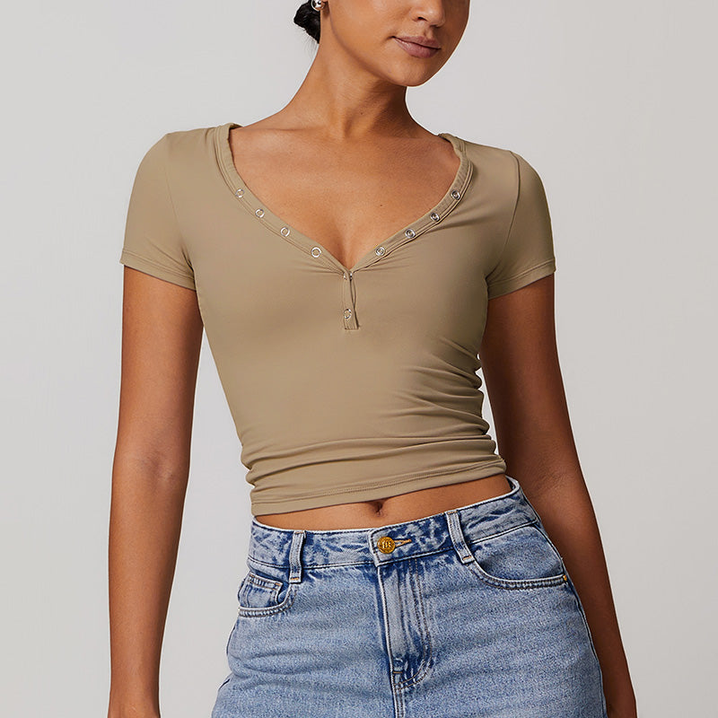 Breathable Buttons V Neck Short Sleeve Crop Top