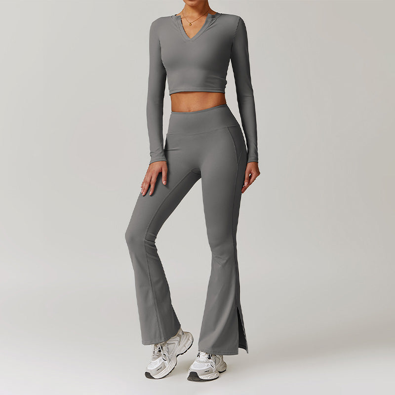 Nude Outdoor Sports Long Sleeve Top + High-Waisted Flared Leg Pants Set