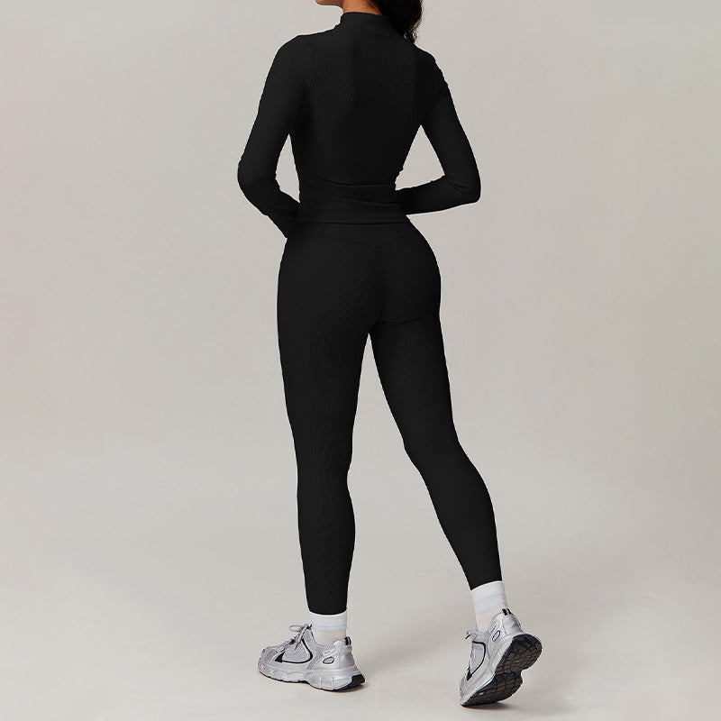 Long sleeve and half zipper top + High-waisted leggings 2-piece set