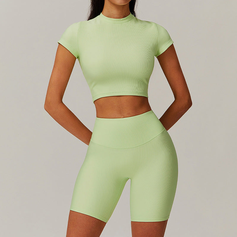 Quick-Dry Short sleeve sports crop top + High-waist shorts 2-piece set