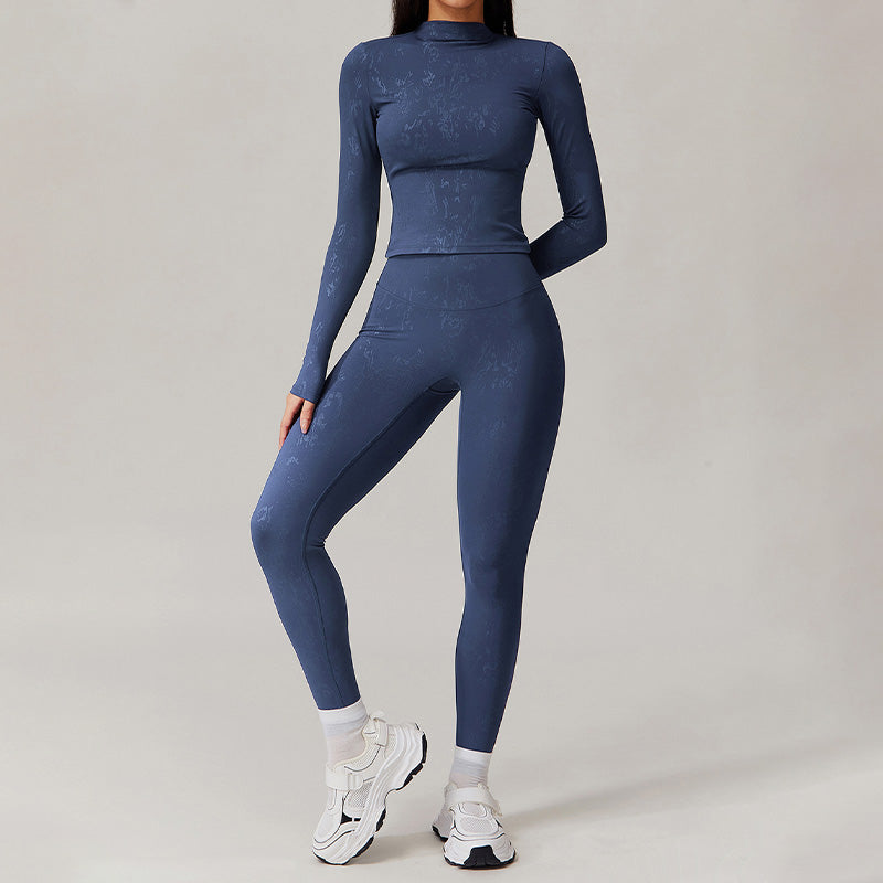 Long sleeve and stand-up collar top + High-waisted leggings 2-piece set