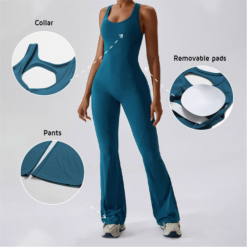 Solid flared trousers cutout back jumpsuit